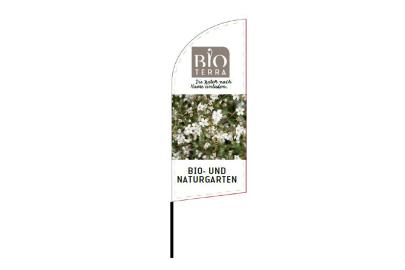 Beach-Flag Bioterra, klein, mit Bild (Kauf), mit Kreuzfuss und Wassersack