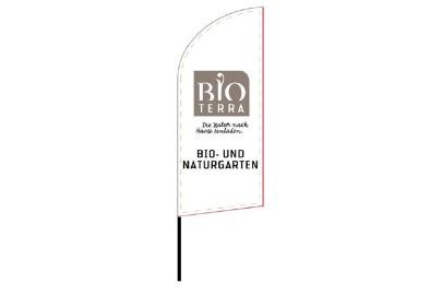 Beach-Flag Bioterra, klein, nur Fahne Text, mit Kreuzfuss und Wassersack