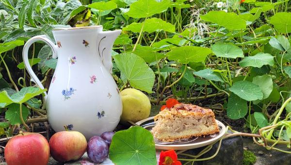 Kaffekanne im Garten mit Obst und Kuchen, Bildrecht Priska Rusterholz