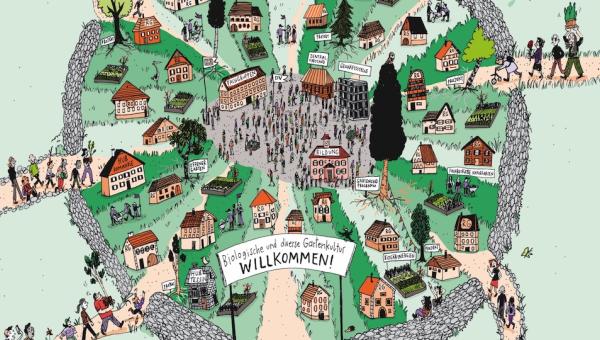 Bioterra-Landschaft, illustriert von Kati Rickenbach
